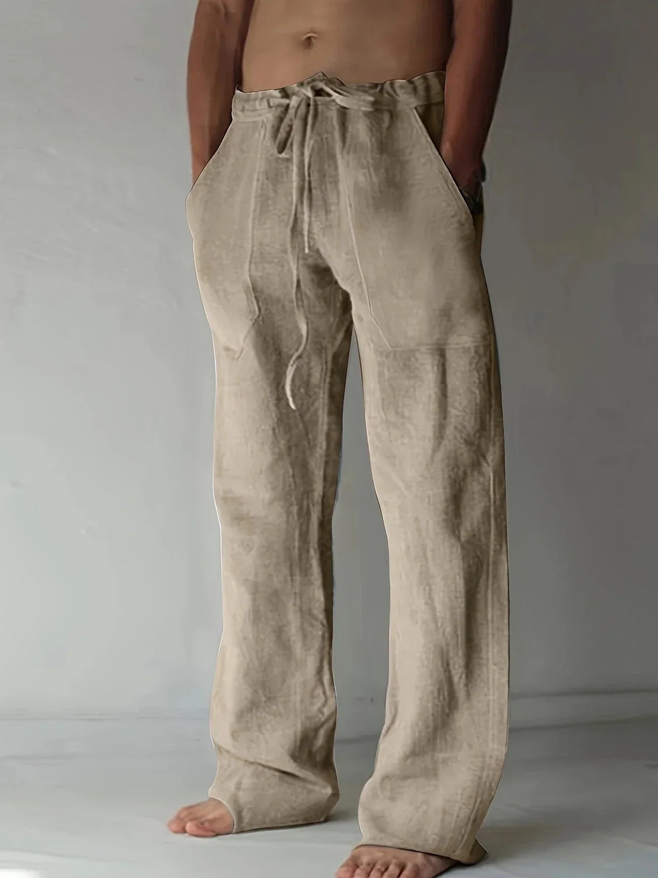 Men's Linen Drawstring Trousers Relaxed Wide Leg