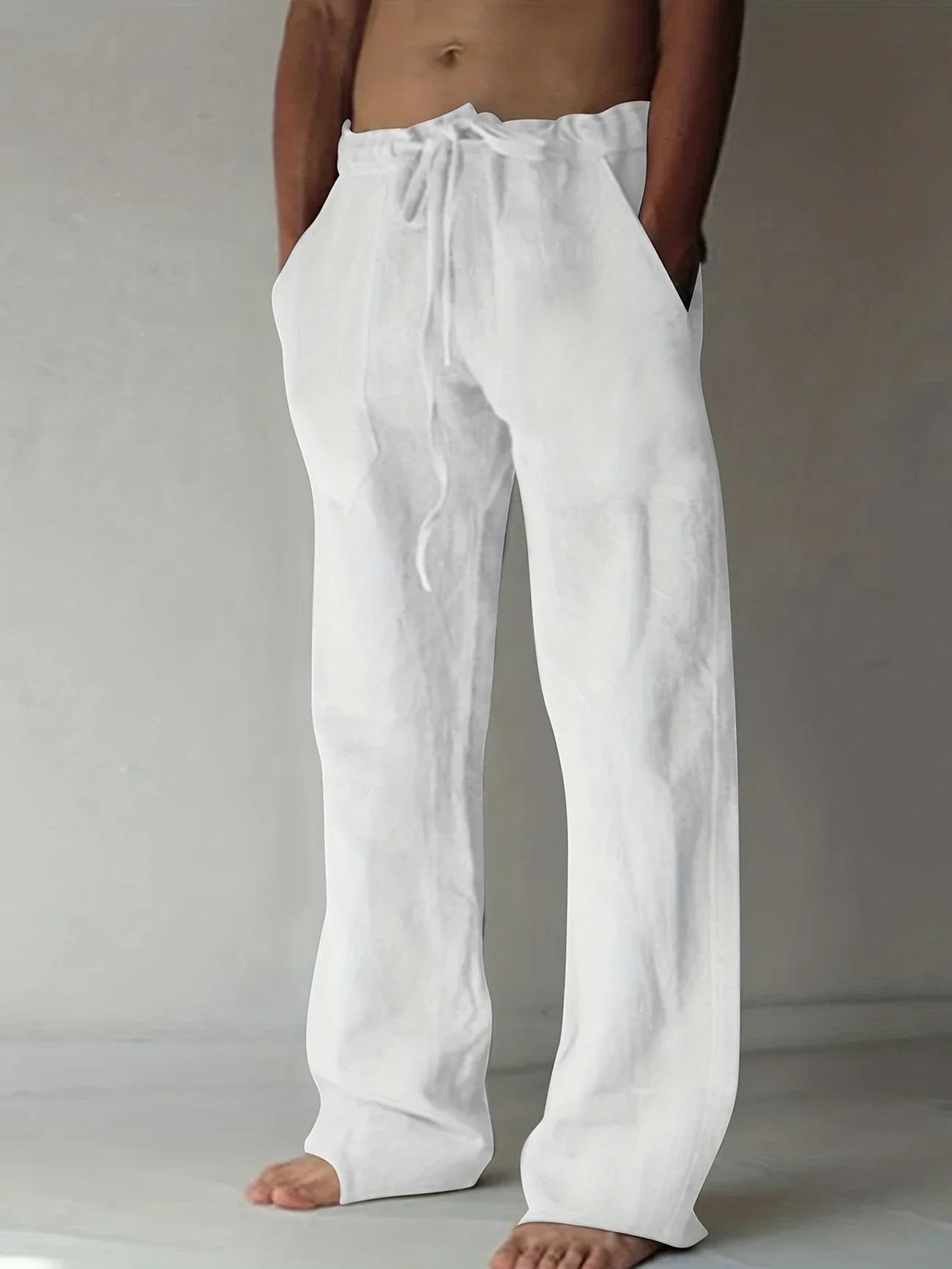 Men's Linen Drawstring Trousers Relaxed Wide Leg