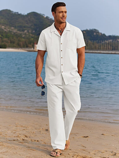 Men's Camp Collar Shirt and Trousers Set Beach Co Ord