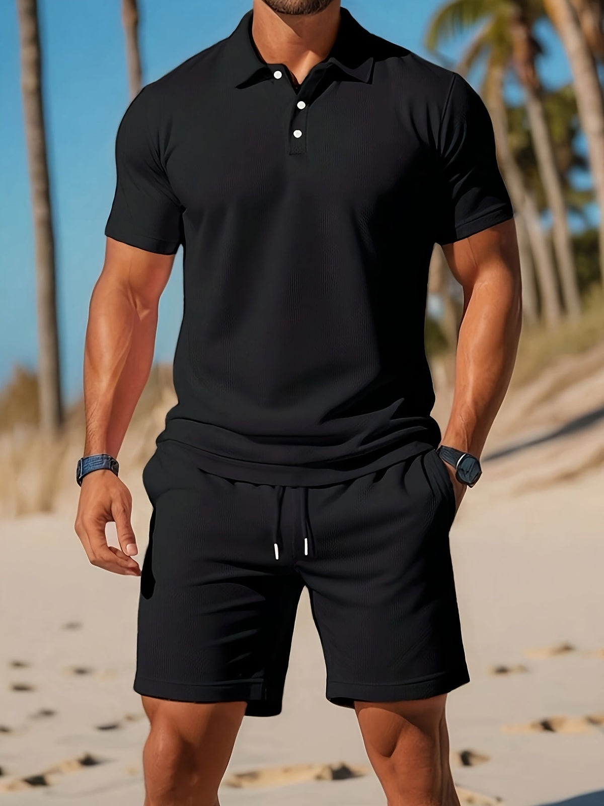 Men's black polo shirt and shorts set with lightweight casual design for summer wear