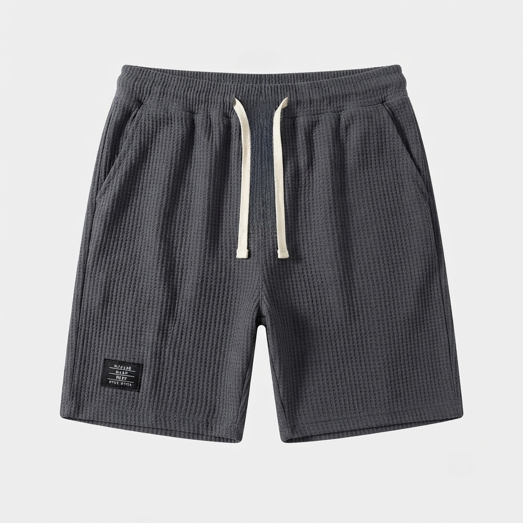 Men's grey waffle shorts with relaxed fit, textured fabric, drawstring waist and side pockets
