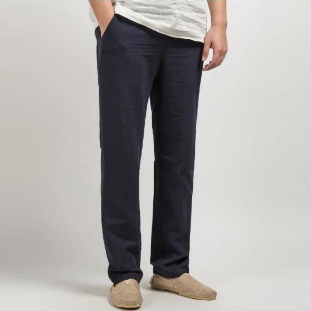 Men's Linen Straight Leg Trousers | Elasticated Waist Casual Fit