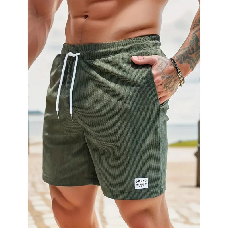 Men's army green drawstring summer shorts with relaxed fit and practical pockets