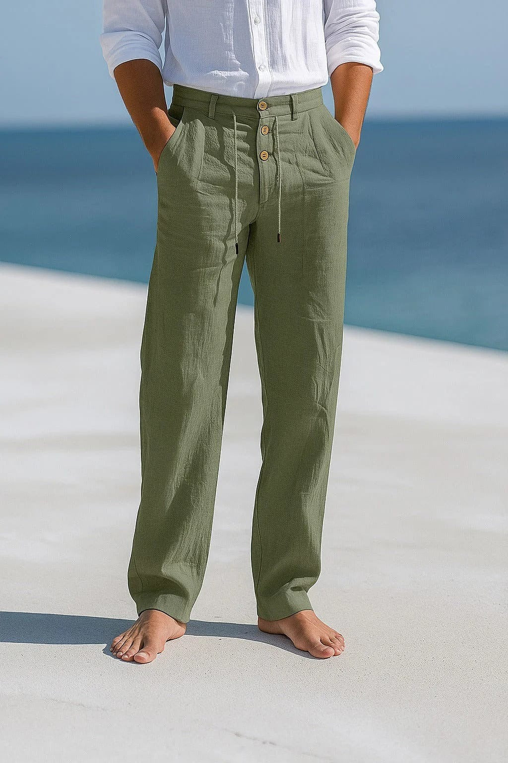 Men's army green linen pants with breathable linen-blend fabric for relaxed summer style