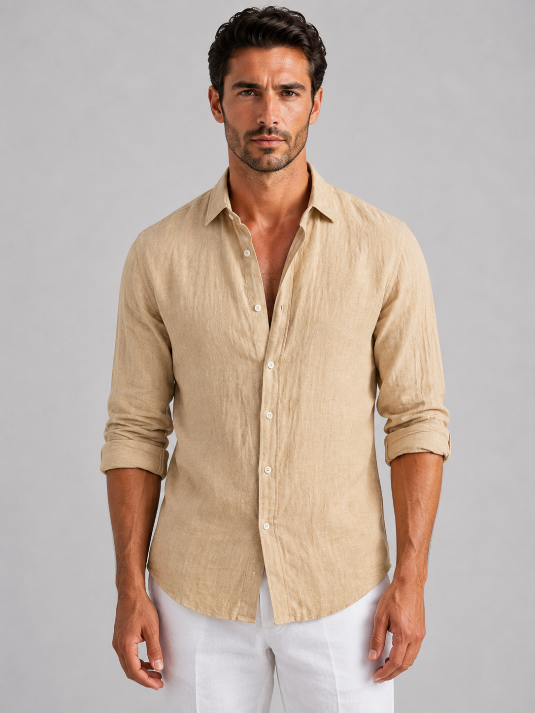 Men's beige breathable summer shirt with relaxed fit and lightweight fabric