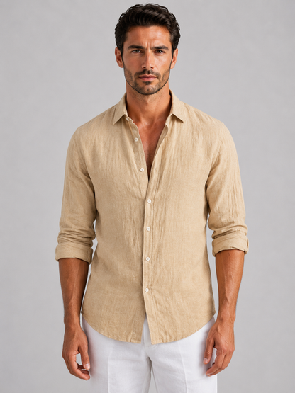 Men's beige breathable summer shirt with relaxed fit and lightweight fabric