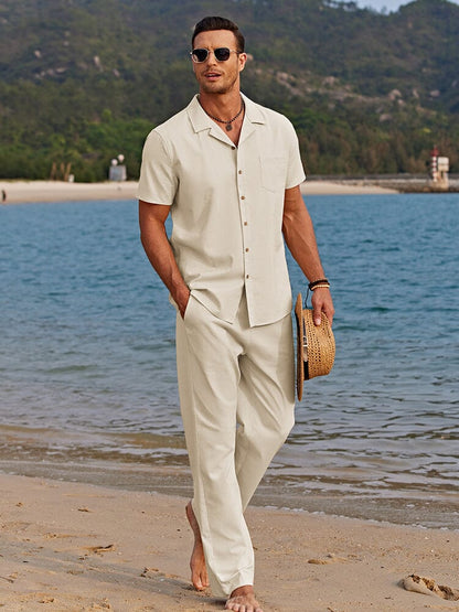 Men's beige camp collar shirt and trousers set with relaxed fit for holidays, beach days and summer outfits