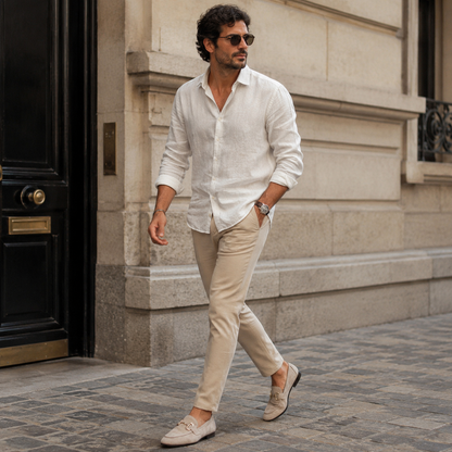 Men's beige classic loafers with refined horsebit detail for summer outfits and everyday style