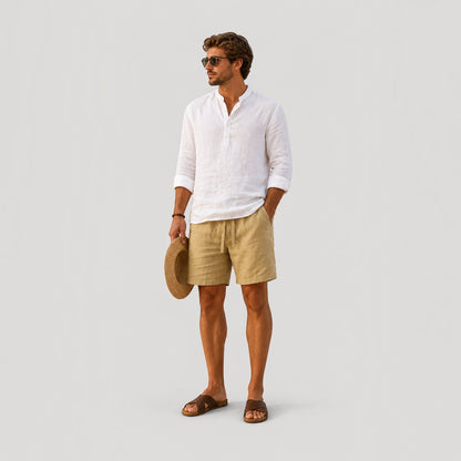 Men's beige cotton-linen shorts with lightweight fabric and relaxed tailored fit