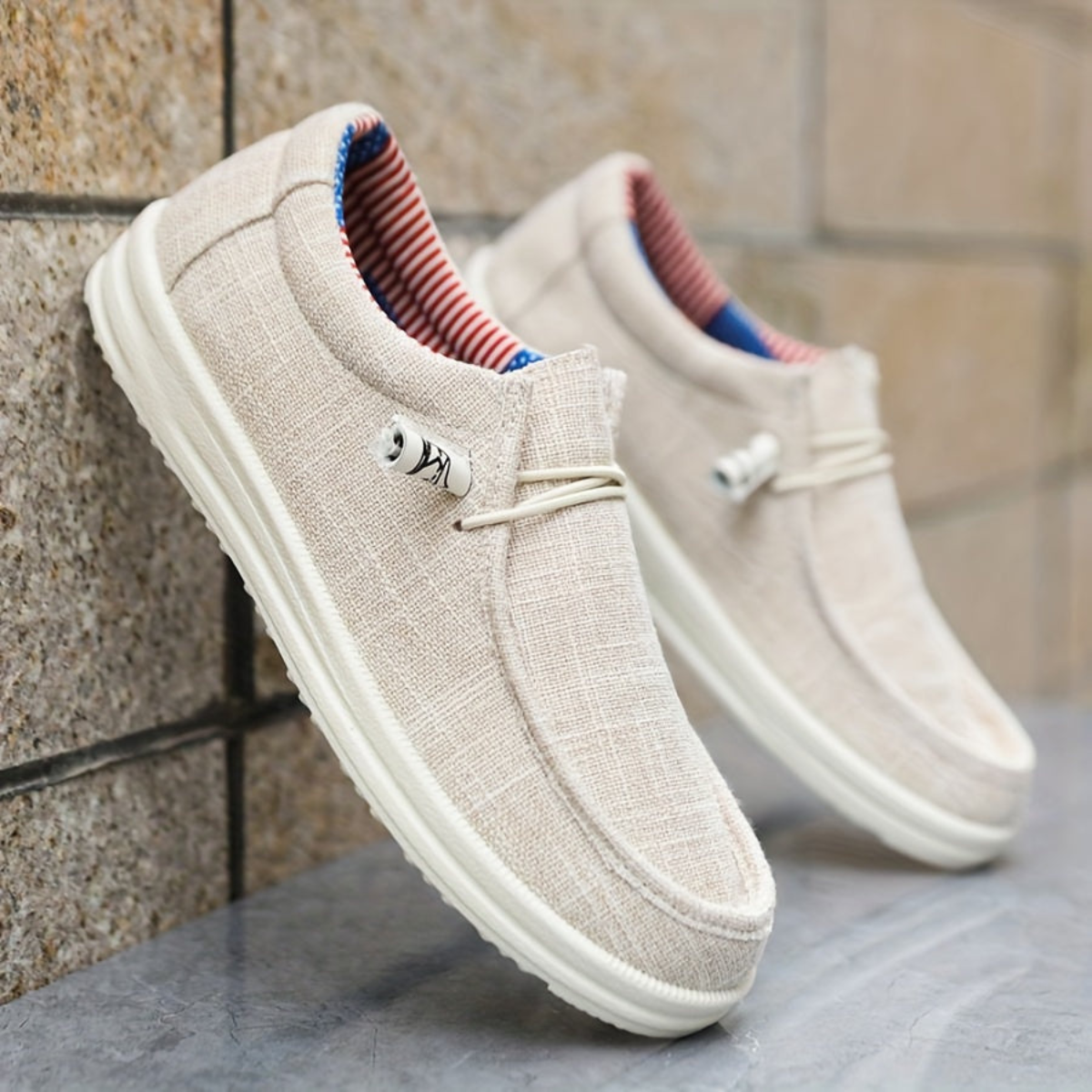 Men's beige cotton loafers with casual slip-on design for summer style