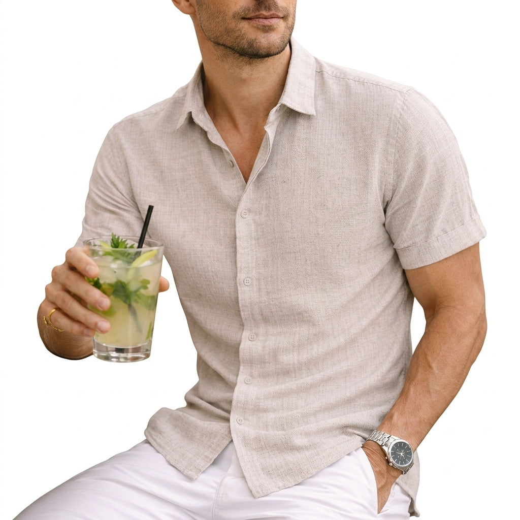 Men's beige cotton shirt with short sleeves, tailored fit and structured spread collar
