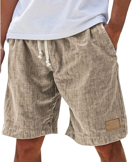 Men's beige cotton shorts with relaxed fit, elasticated drawstring waist and side pockets