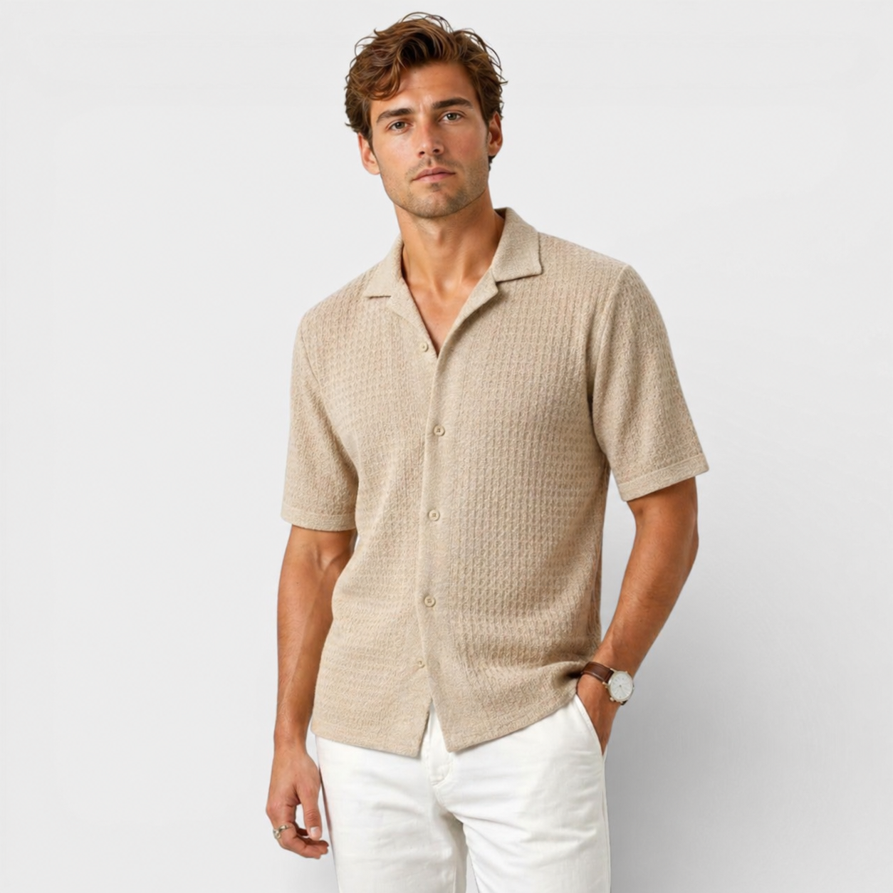 Men's beige elegant shirt with lightweight knit fabric for refined smart casual summer style