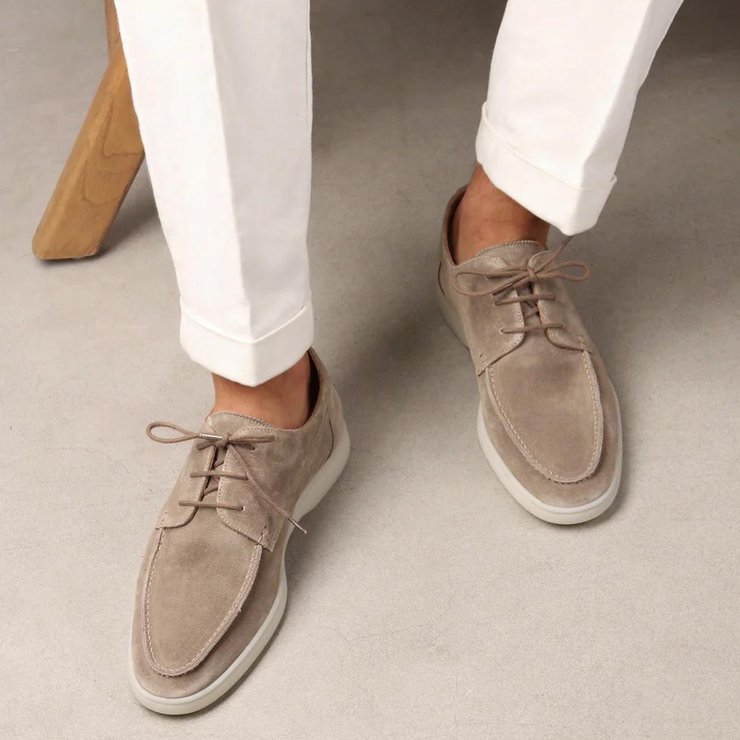 Men's beige leather lace-up loafers with classic design for relaxed smart casual style