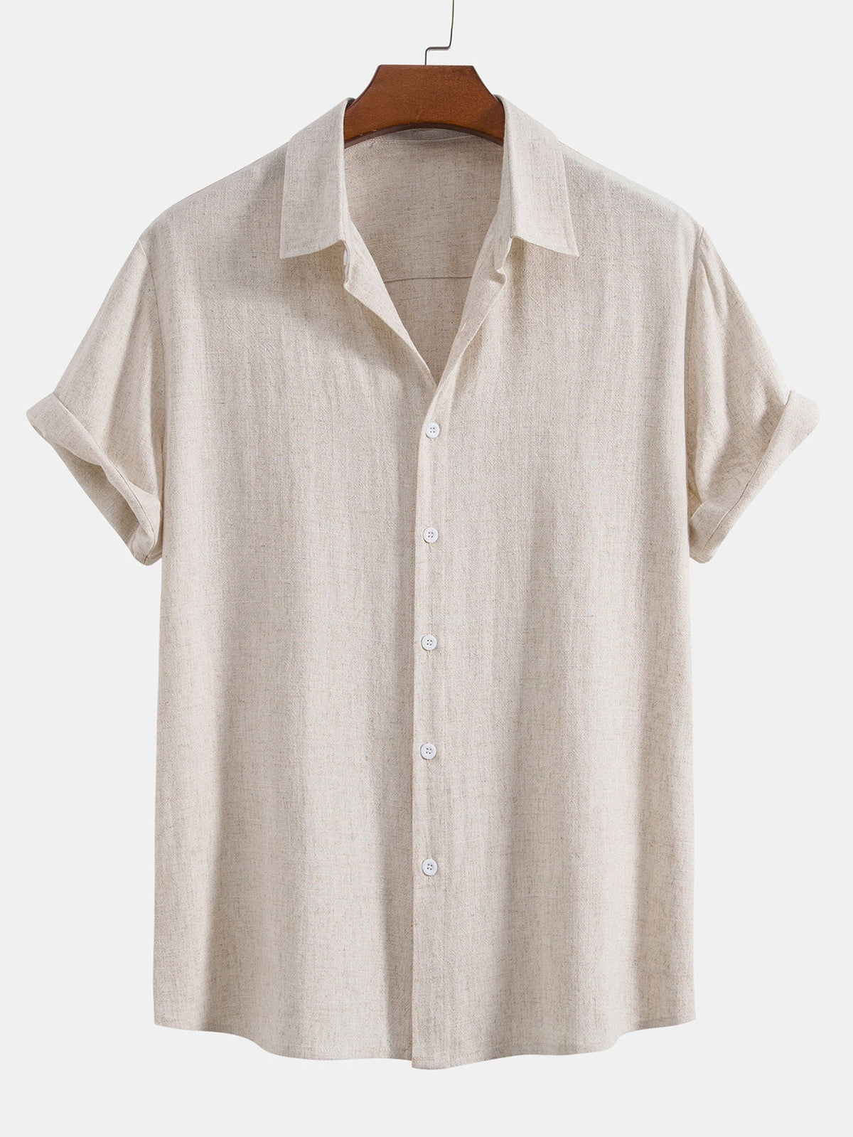 Men's beige linen blend short sleeve shirt with relaxed button fit for summer style