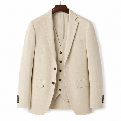 Men's beige linen blend suit back view showing tailored blazer fit and matching trousers for formal occasions