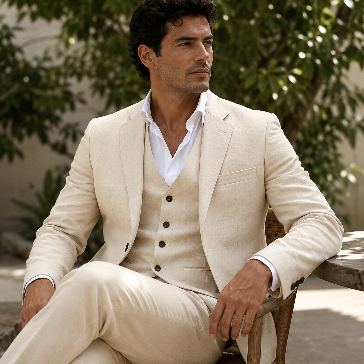 Men's beige linen blend suit side view showing notched lapel blazer, button vest and tailored trousers
