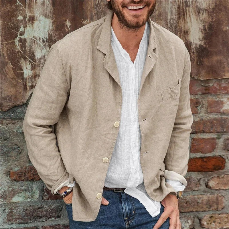 Men's beige linen jacket with lightweight relaxed fit for summer and smart casual style