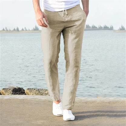 Men's beige linen pants with lightweight breathable fabric
