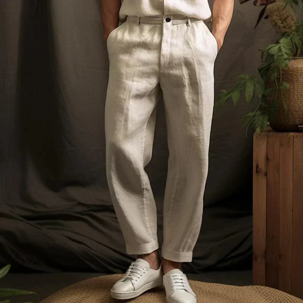 Men's beige linen pants with lightweight breathable fabric