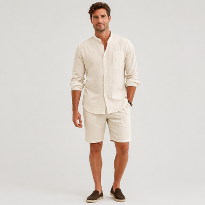Men's beige linen shirt and shorts set with relaxed fit, matching two-piece summer outfit
