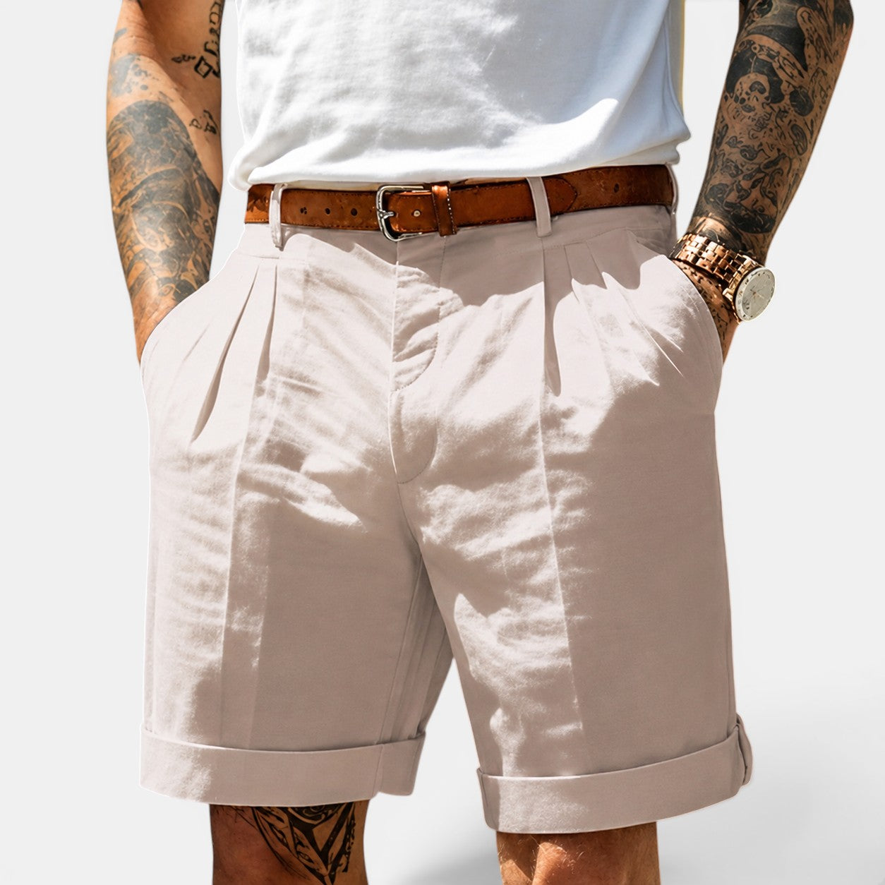 Men's beige linen shorts with a relaxed fit and lightweight fabric for effortless resort and summer style