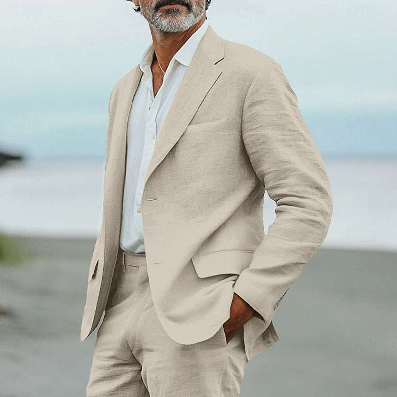 Men's beige linen suit with notch lapel blazer and flat front trousers for weddings, summer events and smart casual style