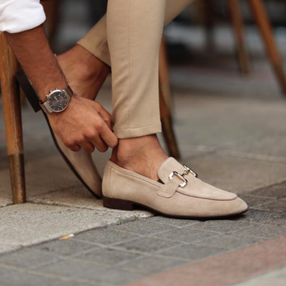 Men's beige loafers with horsebit detail for smart casual outfits and refined summer style