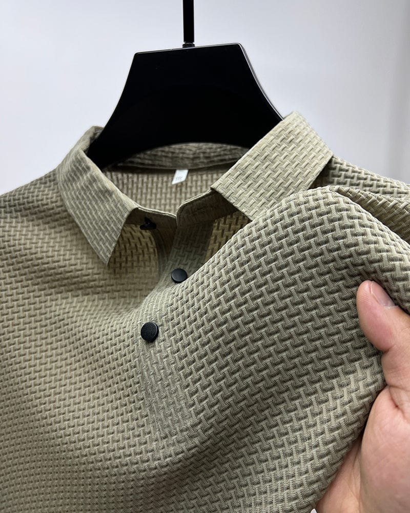 Men's beige mesh polo shirt with breathable lightweight fabric