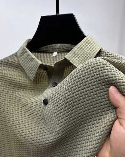Men's beige mesh polo shirt with breathable lightweight fabric