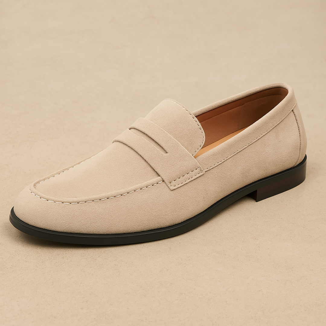 Men's beige penny loafers with classic slip-on design for smart casual style