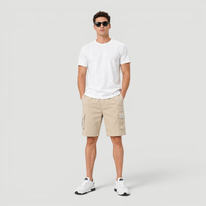 Men's beige polyester cargo shorts with adjustable drawstring waist and multiple pockets