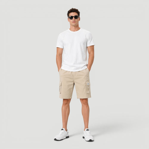 Men's beige polyester cargo shorts with adjustable drawstring waist and multiple pockets