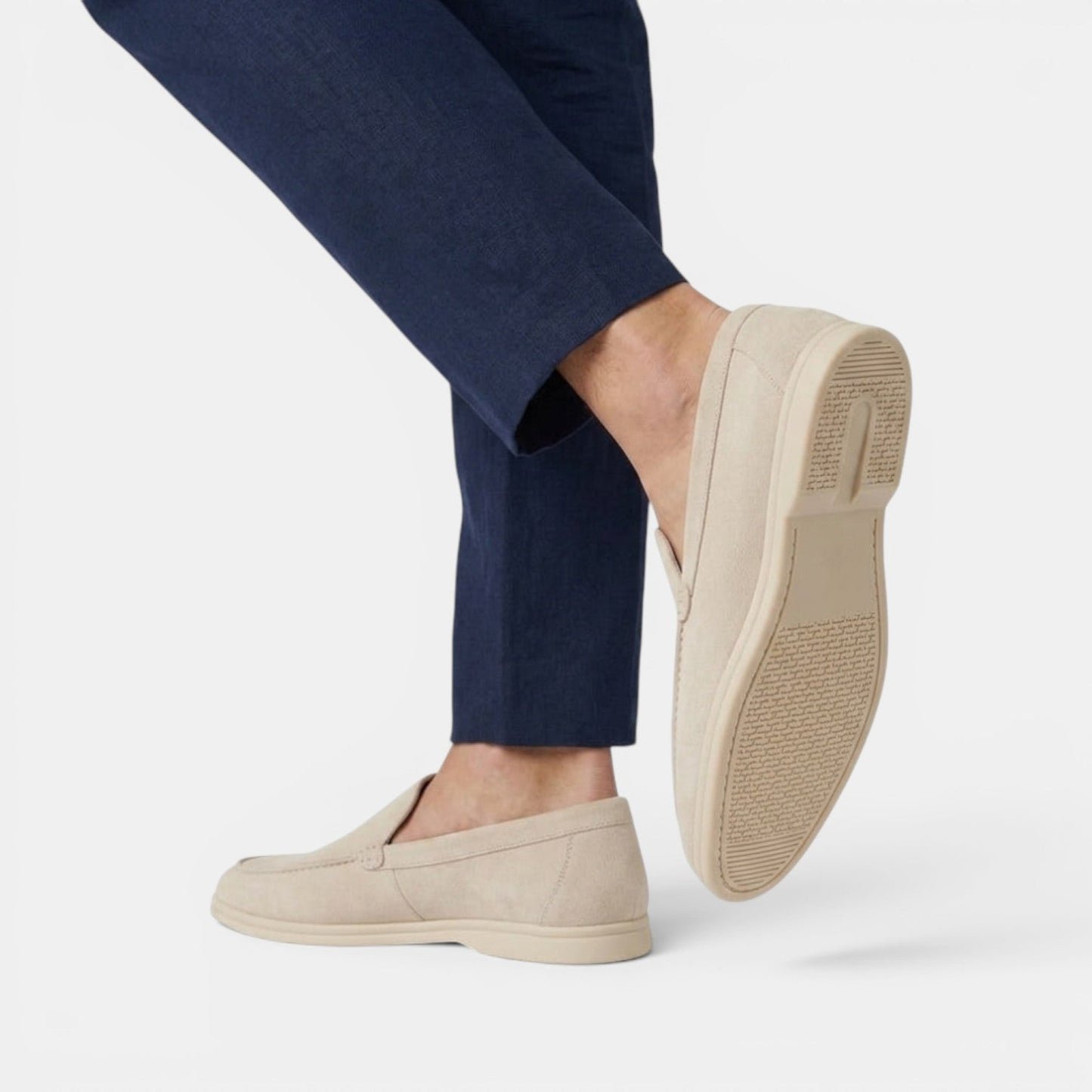 Men's beige suede loafers with comfortable slip-on design for summer, holidays and refined casual outfits