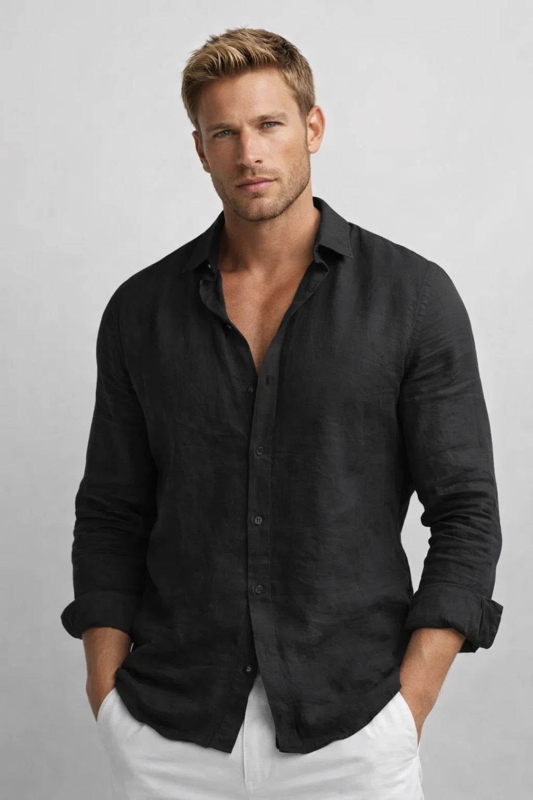 Men's black breathable lightweight shirt with a comfortable fit for smart casual and everyday style