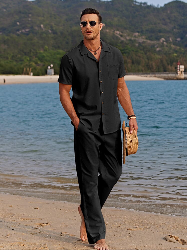 Men's black camp collar shirt and trousers set with relaxed fit for summer holidays, dinners and casual style