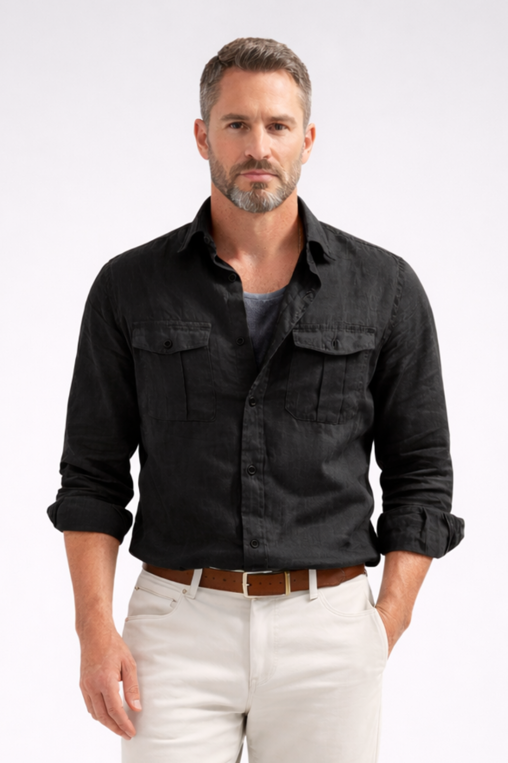 Men's black cotton linen shirt with long sleeves, double chest pockets and classic collar for casual style