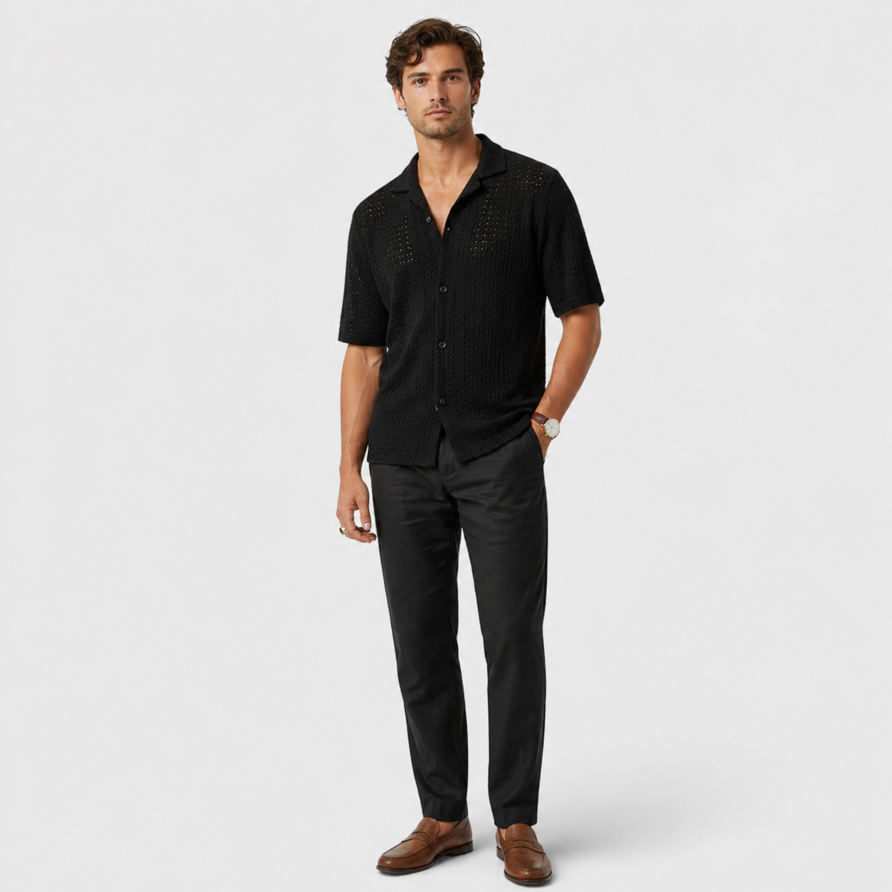 Men's black elegant shirt with lightweight knit construction for refined casual and evening summer wear