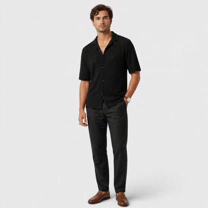 Men's black elegant shirt with lightweight knit construction for refined casual and evening summer wear