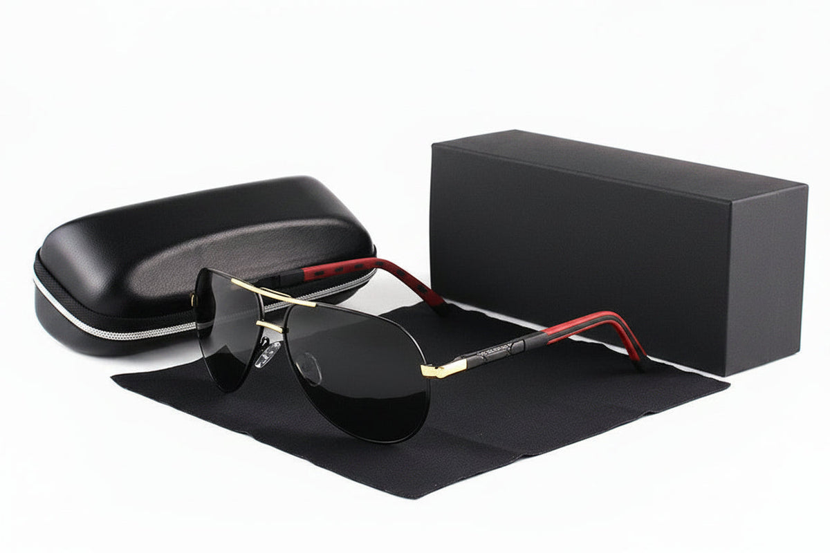 Men's black and gold polarized aviator sunglasses with lightweight metal frame