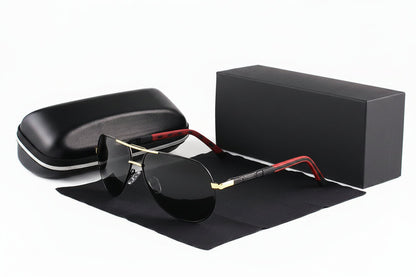 Men's black and gold polarized aviator sunglasses with lightweight metal frame