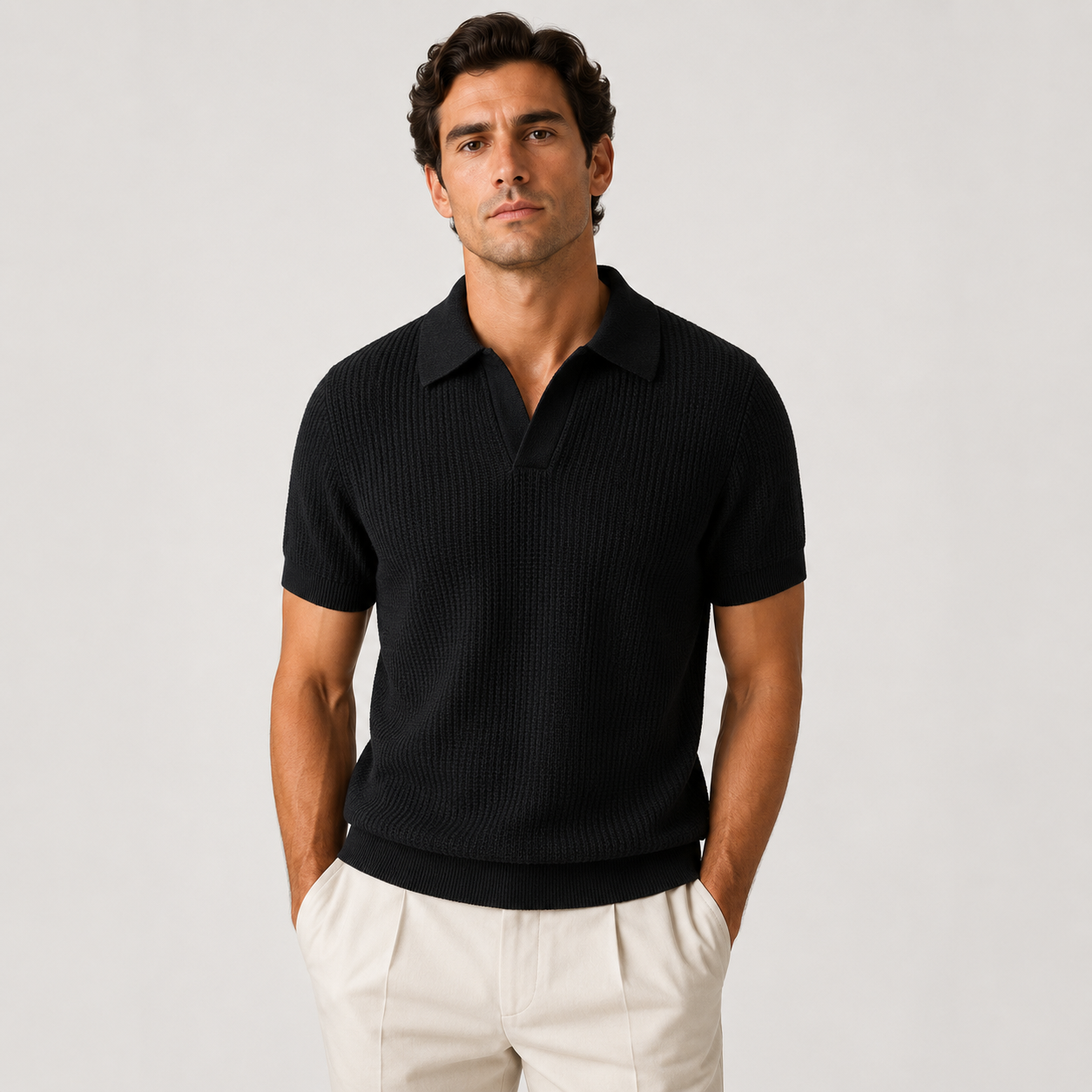 Men's black knitted polo shirt with textured lightweight fabric for polished casual and summer outfits