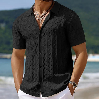 Men's black knitted shirt with short sleeves, textured knit pattern and lapel colla