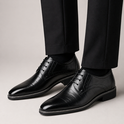 Men's black leather Oxford shoes with classic lace-up design for business, weddings and formal occasions