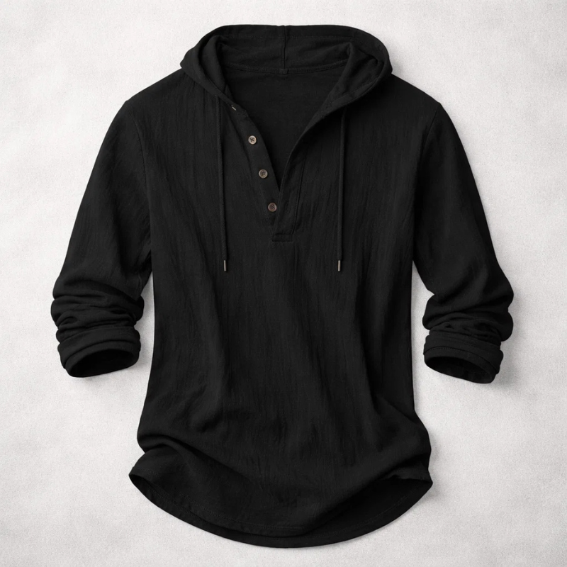 Men's black linen blend hooded pullover shirt with button placket and relaxed fit