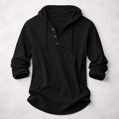 Men's black linen blend hooded pullover shirt with button placket and relaxed fit