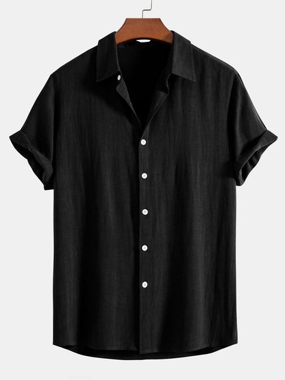 Men's black linen blend short sleeve shirt with relaxed button fit for summer style