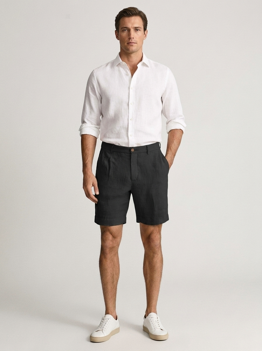 Men's black linen chino shorts with lightweight fabric and classic fit for smart casual summer style
