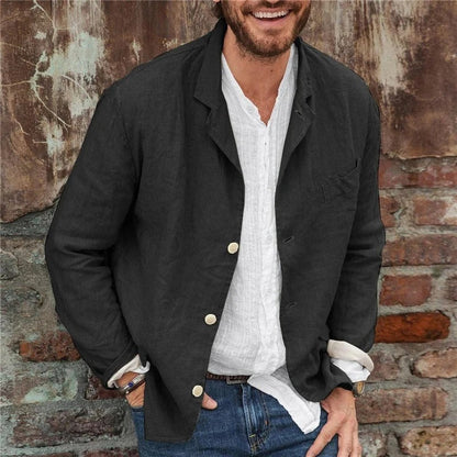 Men's black linen jacket with lightweight relaxed fit for summer and smart casual style