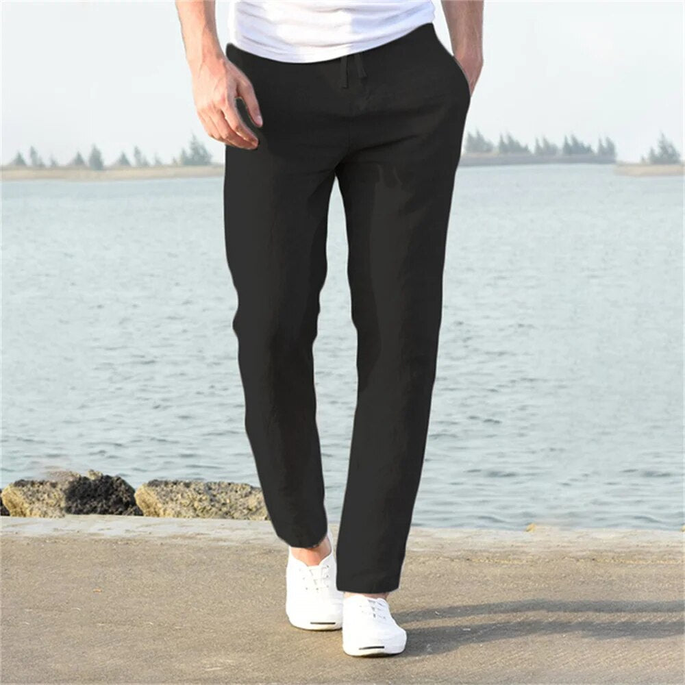 Men's black linen pants with lightweight breathable fabric